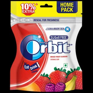 Orbit Chewing Gum - Mixed Fruit Flavour, Eat, Drink, Chew, Sugar Free, 66 G (10% Extra, Home Pack)