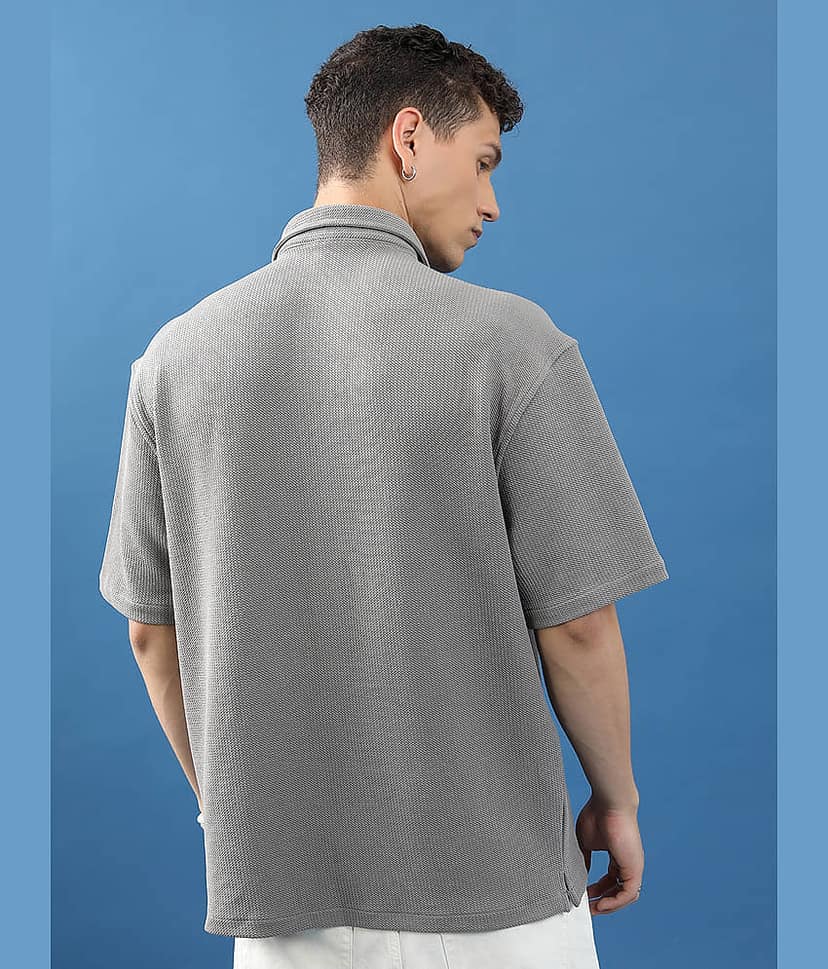 Highlander Cotton Blend Oversized Fit Self Design Half Sleeves Men's Casual Shirt - Grey ( Pack of 1 ) view 3