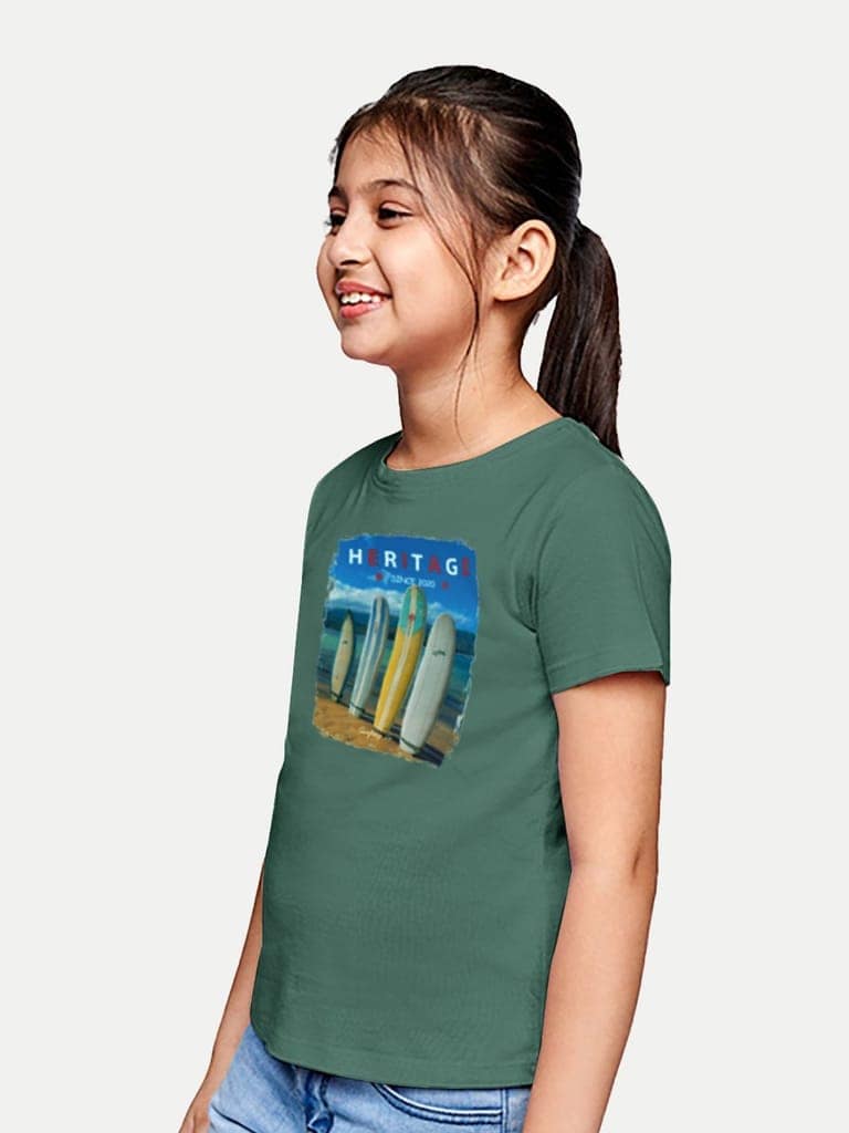 Girls Green Printed Crew Neck T-shirt view 2