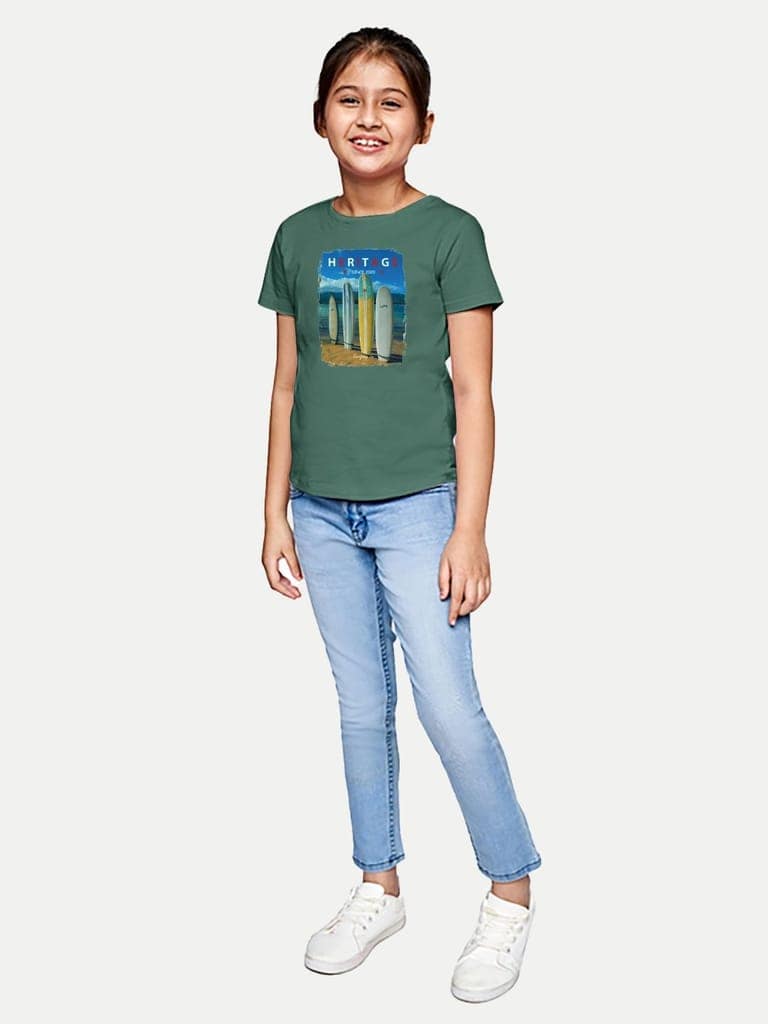 Girls Green Printed Crew Neck T-shirt view 3