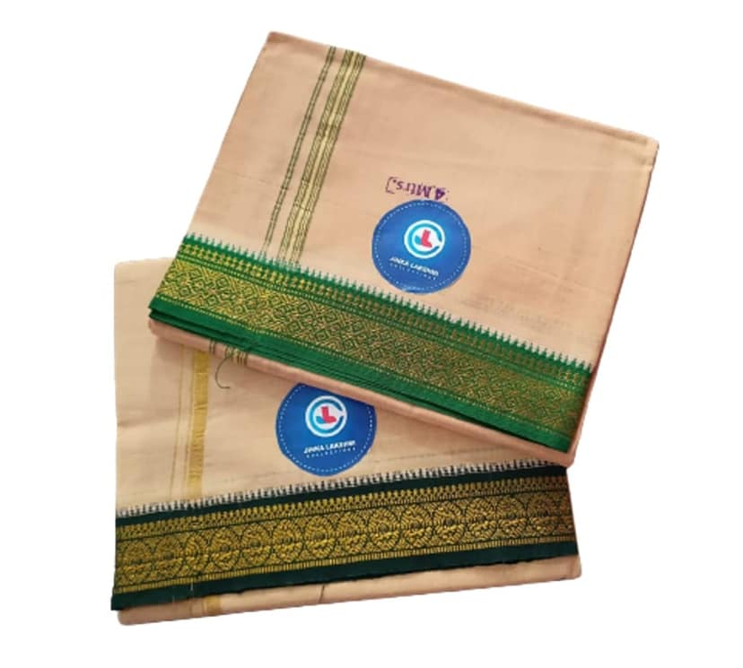 Jinka Lakshmi Collections 100% Handloom Cotton Biscuit Color Dhoti With Zari Border Up and Down 4 Meters Unstitched Pack of 2 (Multicolor-1) view 2