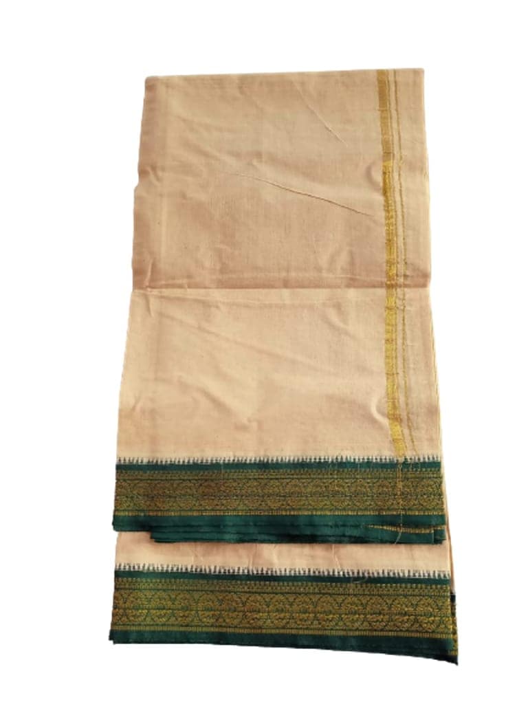 Jinka Lakshmi Collections 100% Handloom Cotton Biscuit Color Dhoti With Zari Border Up and Down 4 Meters Unstitched Pack of 2 (Multicolor-1) view 4