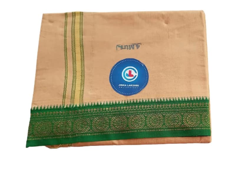 Jinka Lakshmi Collections 100% Handloom Cotton Biscuit Color Dhoti With Zari Border Up and Down 4 Meters Unstitched Pack of 2 (Multicolor-1) view 6