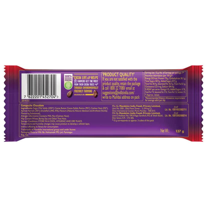 Cadbury Dairy Milk Silk Chocolate Bar, Fruit And Nut, 137G view 2