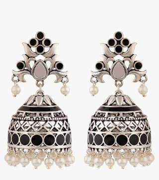 Black Jhumka Earrings with Pearls and Silver Accents
