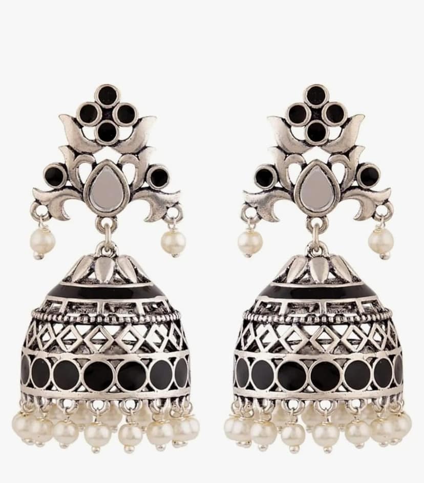 Black Jhumka Earrings with Pearls and Silver Accents