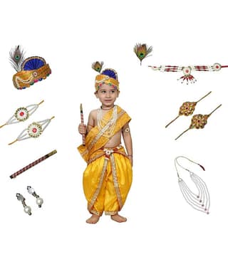 Kaku Fancy Dresses Krishna Costume for Kids Infant Baby Krishna Dress for Boys (Yellow Dhoti, Patka(Stole), Belt, Fabric Mukut, Layer Pearl Mala, Bajuband, Earrings, Bansuri & Morpankh)