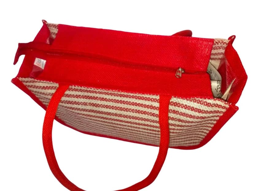 Red and White Striped Jute Tote Bag with Blue Floral Embroidery view 3