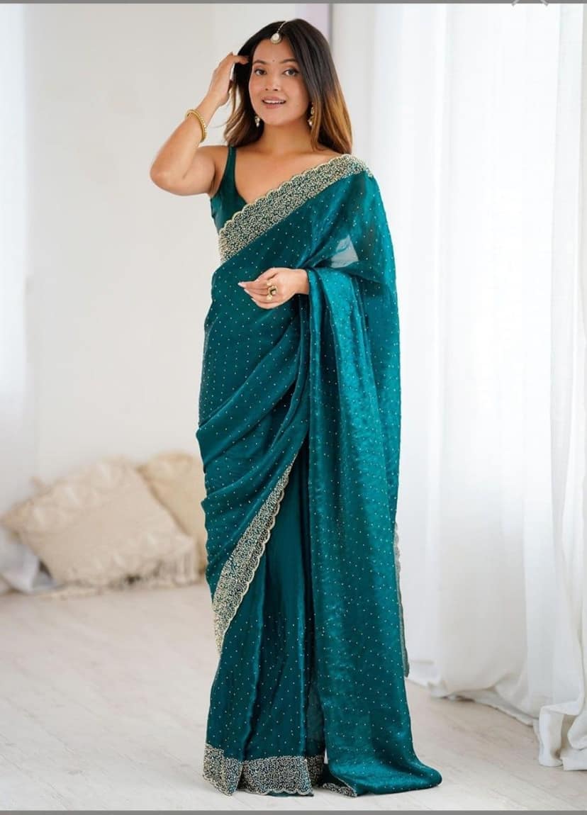 Space Soft Silk Saree with Siroski Diamond and Val Work
