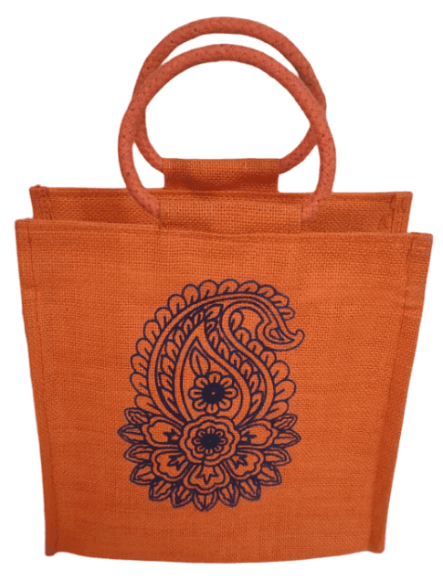 Orange Jute Shopping Bag with Floral Print - Eco-Friendly & Stylish
