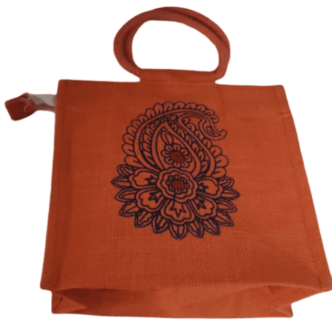 Orange Jute Shopping Bag with Floral Print - Eco-Friendly & Stylish view 2