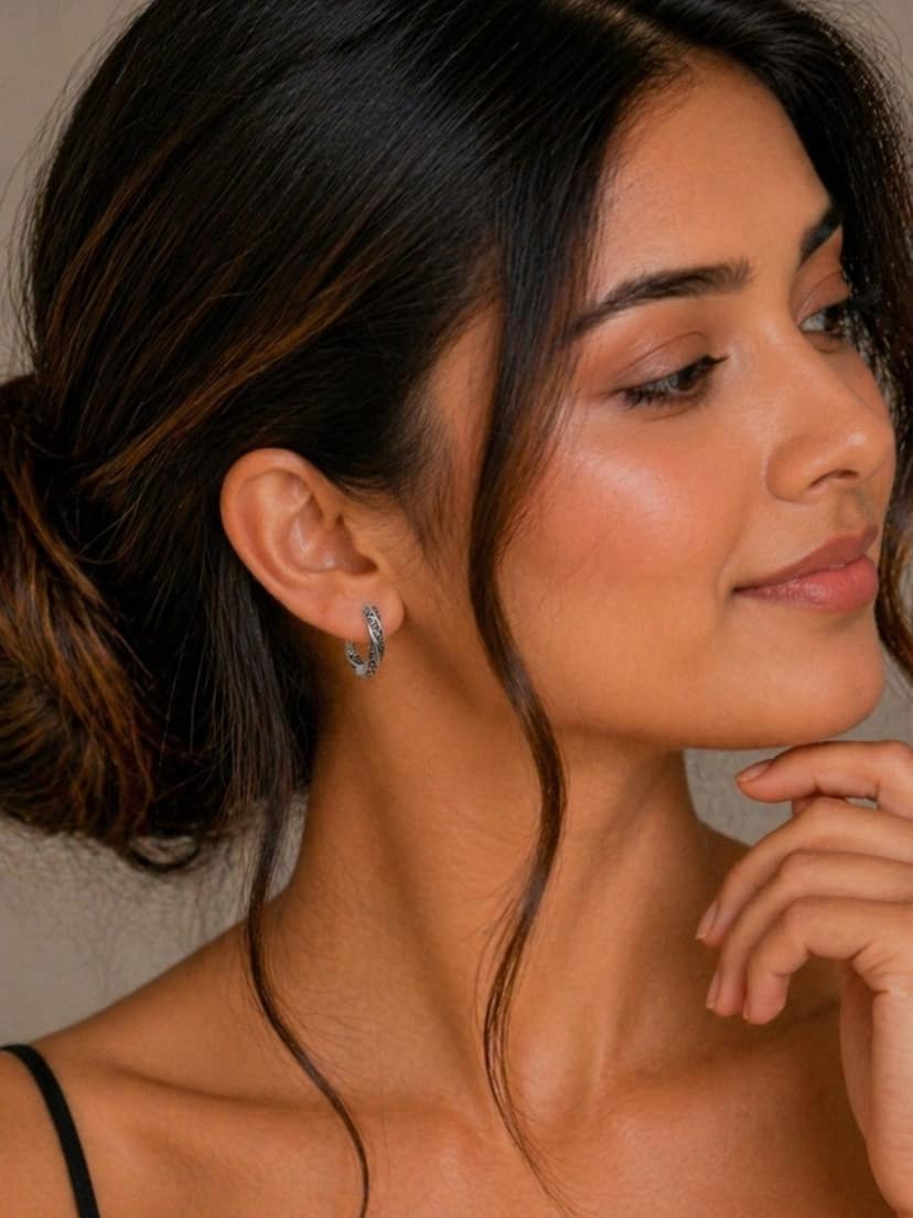 Axora Life 925 Sterling Silver Half Hoop Earrings with Twisted Design, Scrollwork Engraving & Oxidized Finish view 2