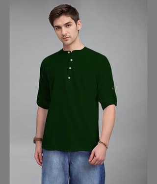 BHUVIKOO Cotton Blend Plain Shirt Style Kurta For Men ( Green )