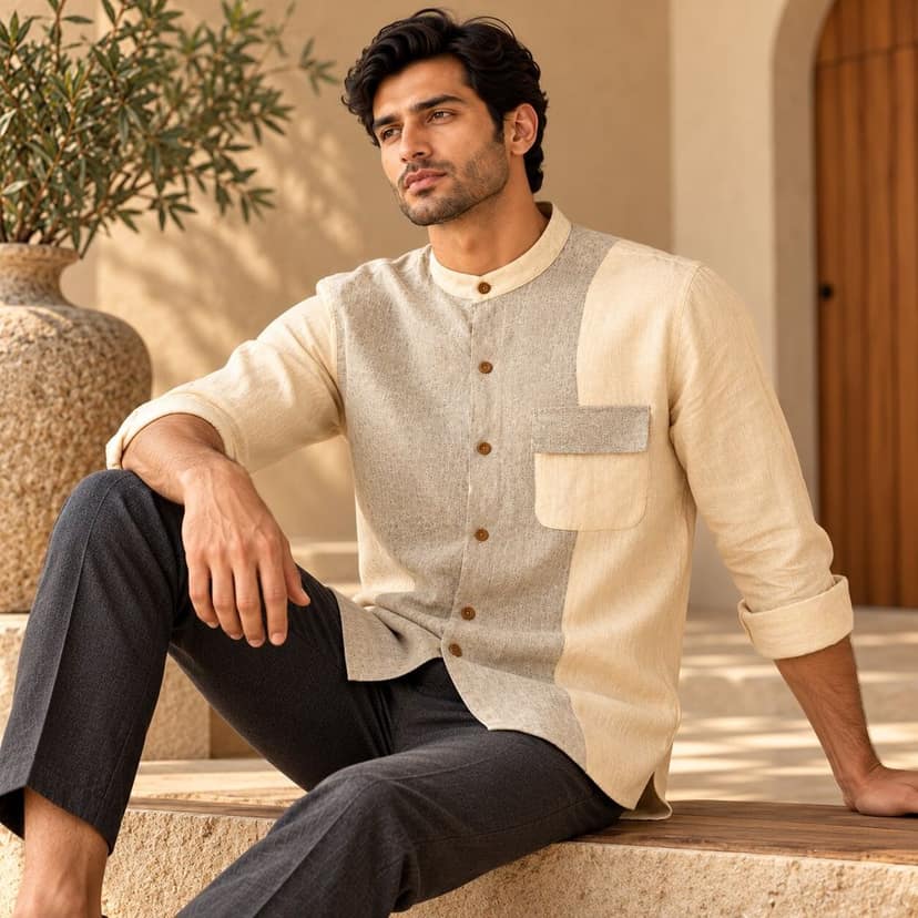 Men's Beige & Grey Colour Block Mandarin Collar Casual Shirt view 3