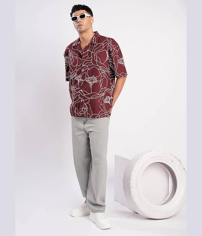Bene Kleed 100% Cotton Oversized Fit Printed Half Sleeves Men's Casual Shirt - Maroon ( Pack of 1 ) view 7
