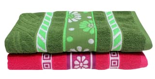 Mandhania Flora Border Soft Cotton BathTowels, 70x140 cm Pack of 2 Peach & Brown