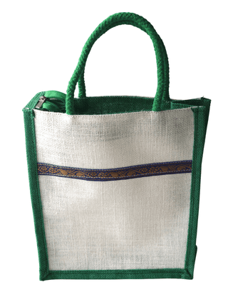 Traditional Eco-Friendly Jute Handbag with Green Trim and Gold Border