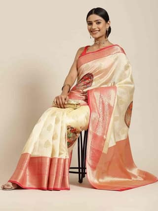Women's Banarasi Digital Printed Zari Woven Saree with Unstiched Blouse Piece