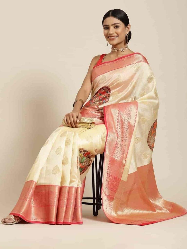 Women's Banarasi Digital Printed Zari Woven Saree with Unstiched Blouse Piece