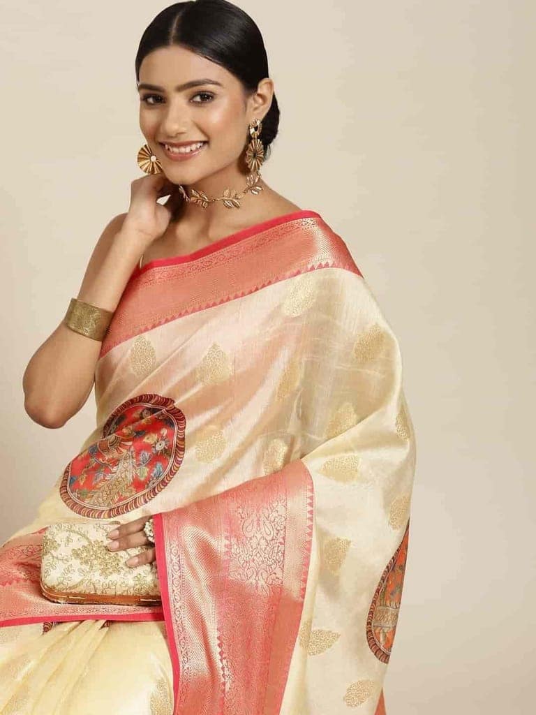 Women's Banarasi Digital Printed Zari Woven Saree with Unstiched Blouse Piece view 3