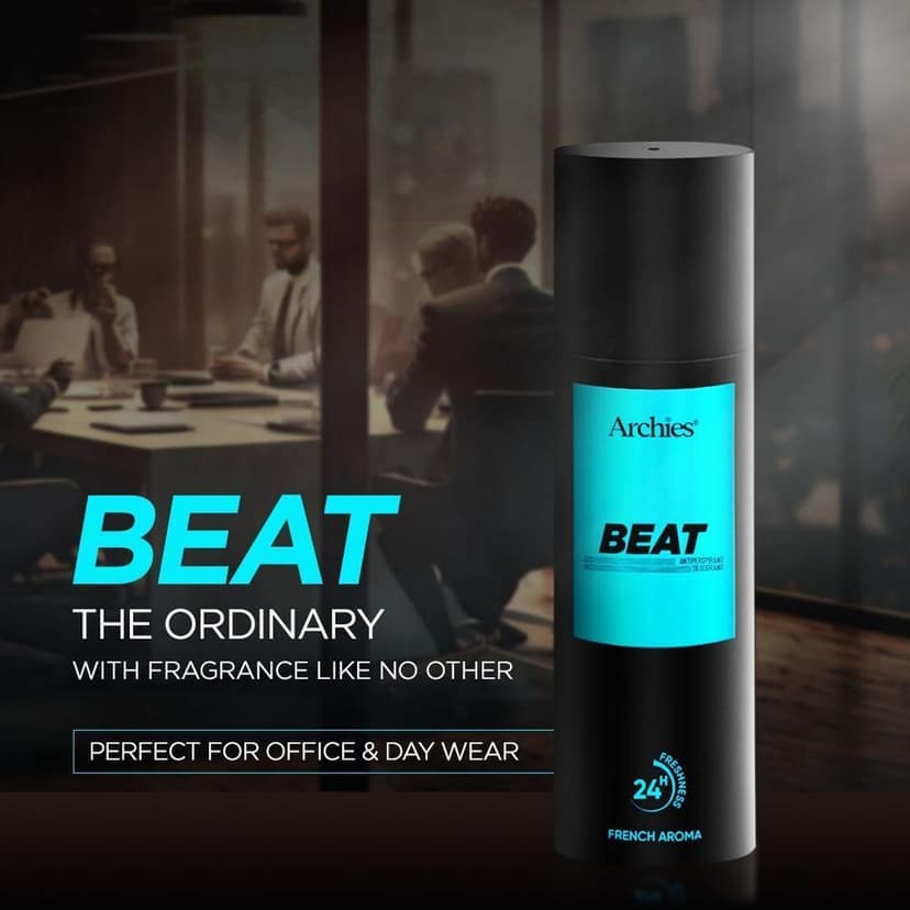 Archies BEAT Deodorant For Men 200 ML | Day & Office Wear 24Hrs. Long Lasting Deo with Notes of Cashmere Wood & Amber | Luxury Fragrance with 10% Perfume Oil Concentrates | French Aroma | 24 Hours Freshness (Pack of 2) view 2