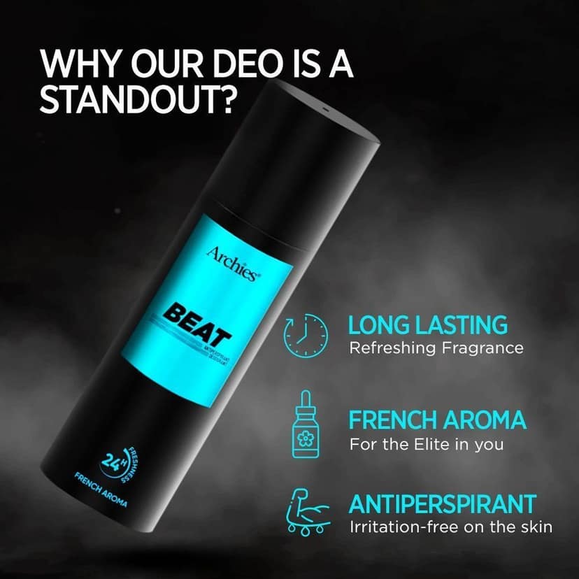 Archies BEAT Deodorant For Men 200 ML | Day & Office Wear 24Hrs. Long Lasting Deo with Notes of Cashmere Wood & Amber | Luxury Fragrance with 10% Perfume Oil Concentrates | French Aroma | 24 Hours Freshness (Pack of 2) view 4
