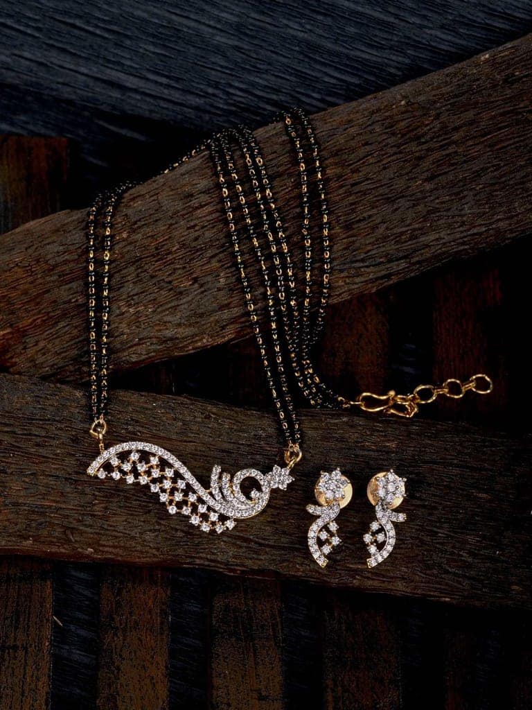 Gold Plated Black & White AD Studded & Beaded Mangalsutra Earrings view 2