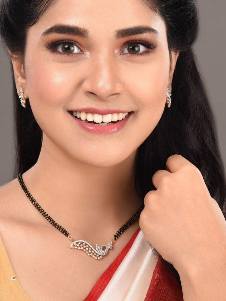 Gold Plated Black & White AD Studded & Beaded Mangalsutra Earrings view 7