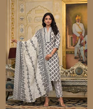 Juniper Cotton Printed Kurti With Pants Women's Stitched Salwar Suit - White ( Pack of 3 )