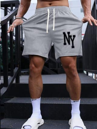 SCOTT FINCHER Men's Casual Shorts, Summer Beach Shorts, New York Letter Print Shorts, Elastic Waist Drawstring Shorts, Sports Running Shorts : AA(SRT)GREY_291
