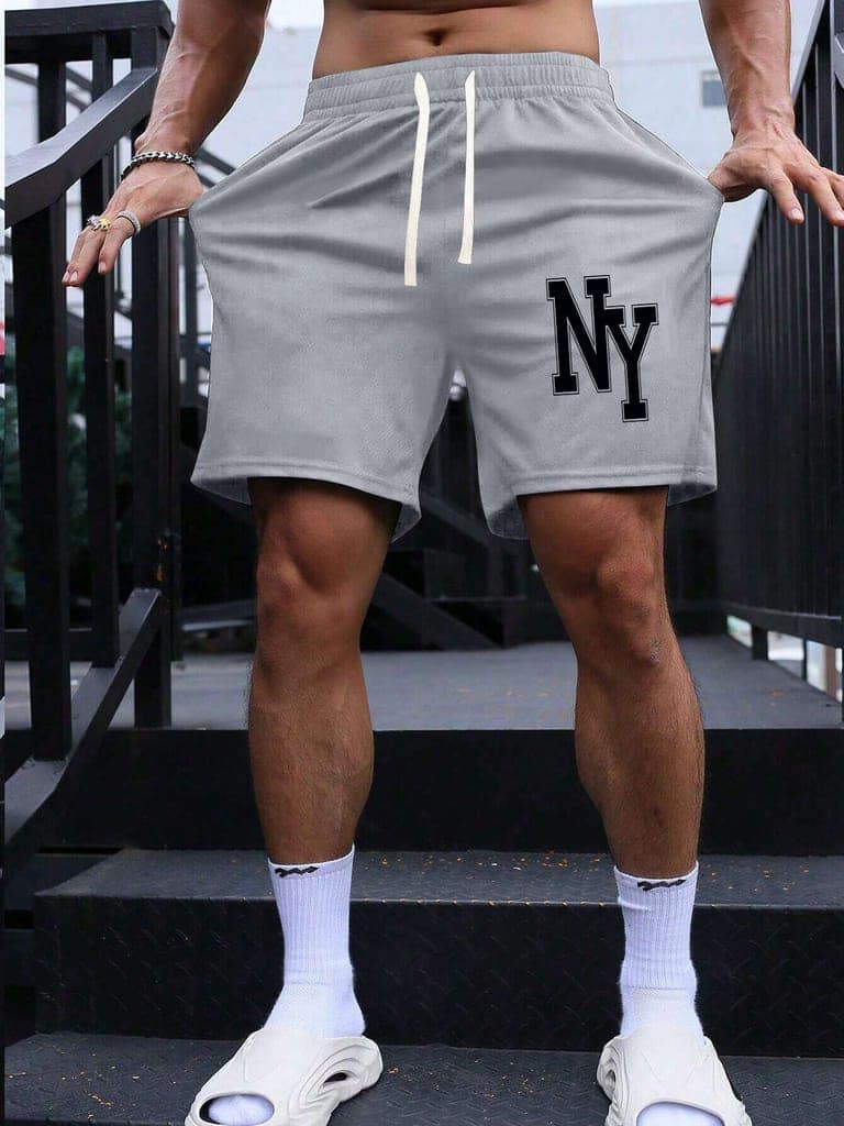 SCOTT FINCHER Men's Casual Shorts, Summer Beach Shorts, New York Letter Print Shorts, Elastic Waist Drawstring Shorts, Sports Running Shorts : AA(SRT)GREY_291