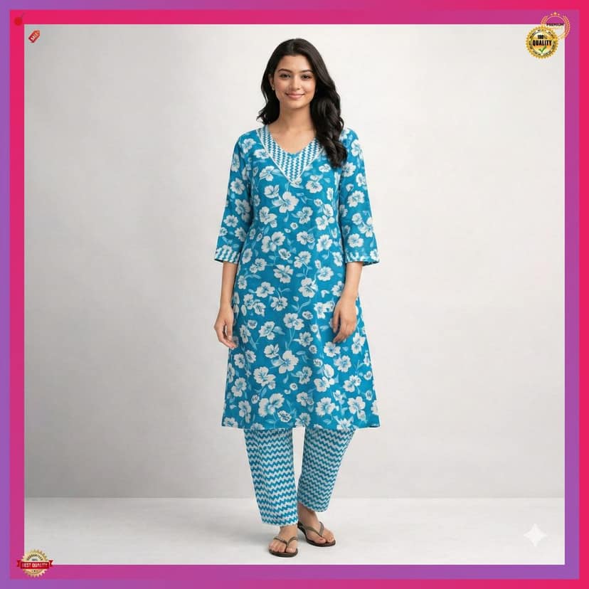 Women Blue Floral Printed Kurti Pant Set | Soft Cotton Blend | 3/4 Sleeve Casual & Office Wear Ethnic Set