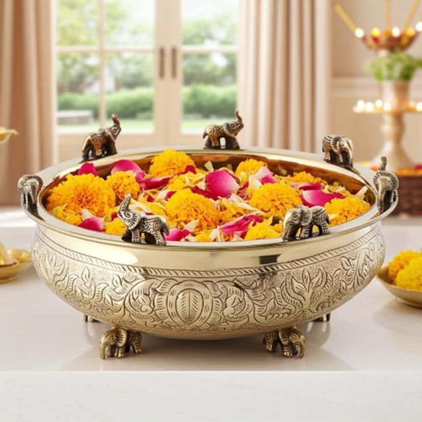 Brass Flower Elephant Urli ? Decorative Brass Urli Bowl, Diameter : 10 Inch (ATMAS037 D)