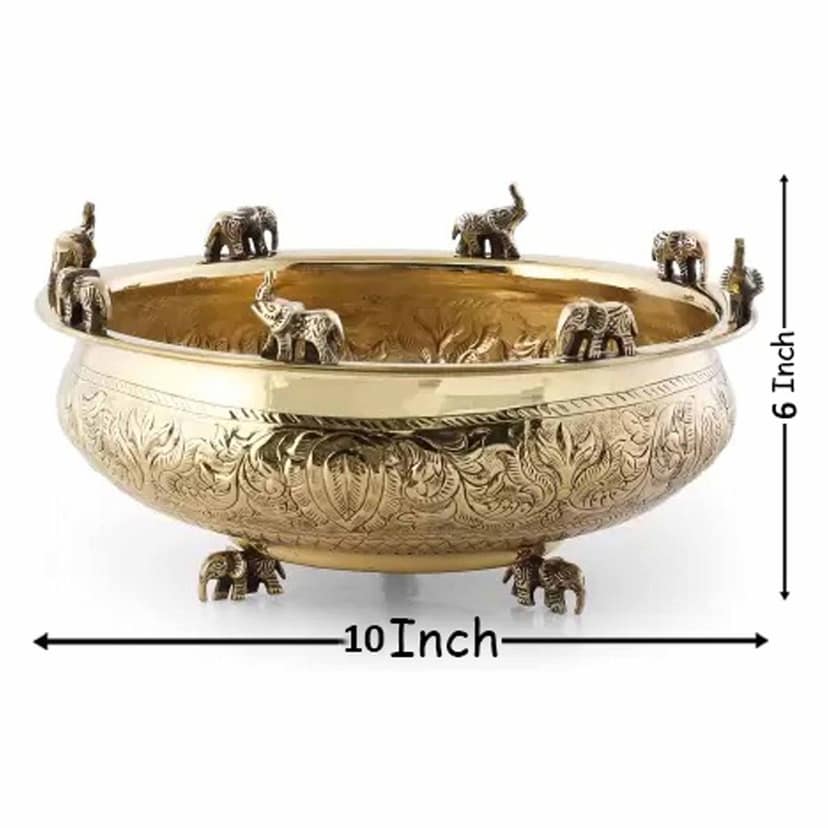 Brass Flower Elephant Urli ? Decorative Brass Urli Bowl, Diameter : 10 Inch (ATMAS037 D) view 2