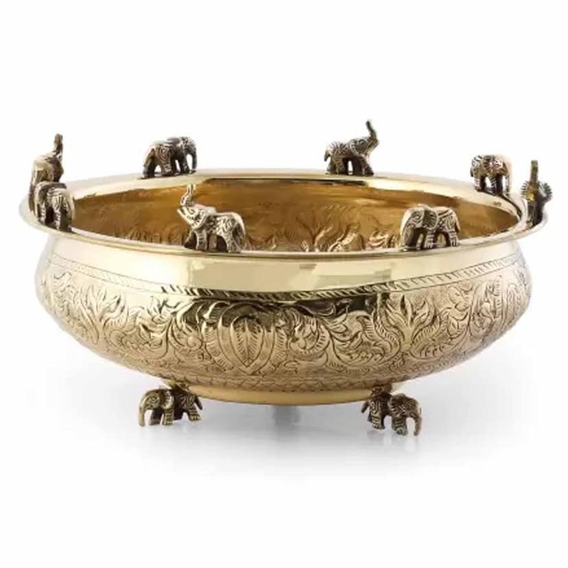Brass Flower Elephant Urli ? Decorative Brass Urli Bowl, Diameter : 10 Inch (ATMAS037 D) view 3