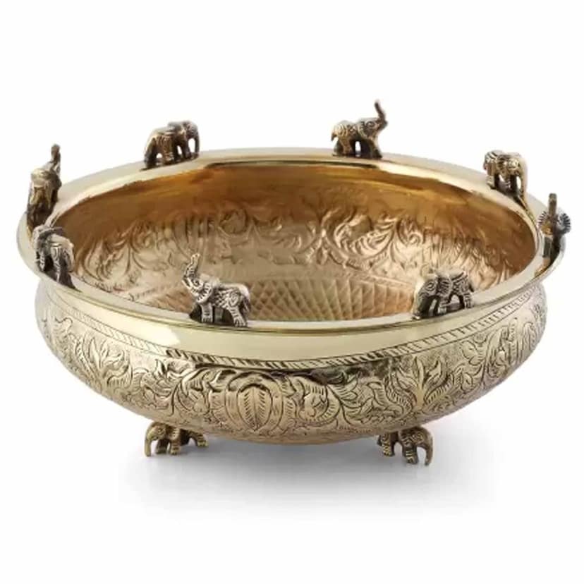 Brass Flower Elephant Urli ? Decorative Brass Urli Bowl, Diameter : 10 Inch (ATMAS037 D) view 4