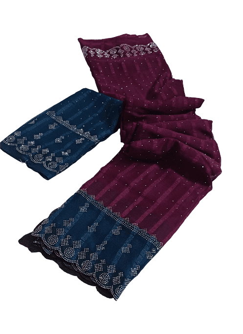 Teal Blue & Burgundy Embellished Saree view 3