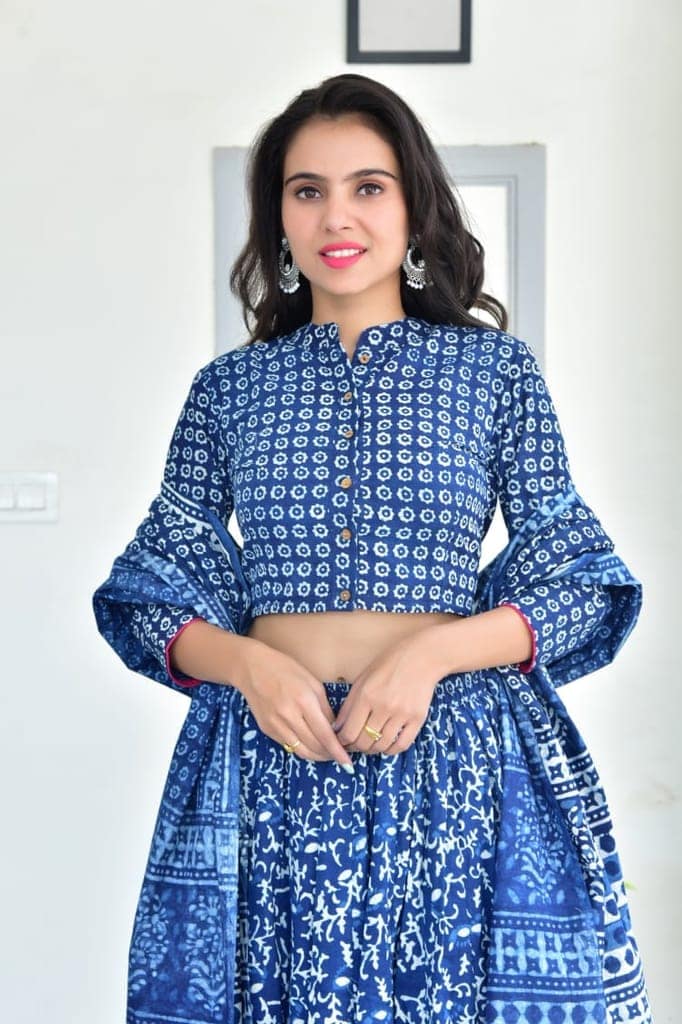 Cotton Lehanga Handblock Printed Tory Blue Color and Top With Mulmul Dupatta (Size 34-46)-2586 view 3