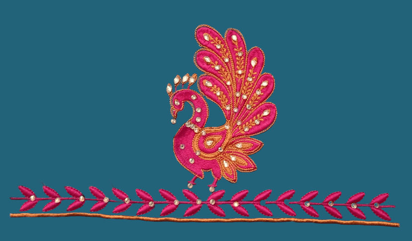 Pink Peacock Embroidery Blouse Neck Design view 3