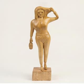 Handcrafted Wooden Lady Figurine with Handbag