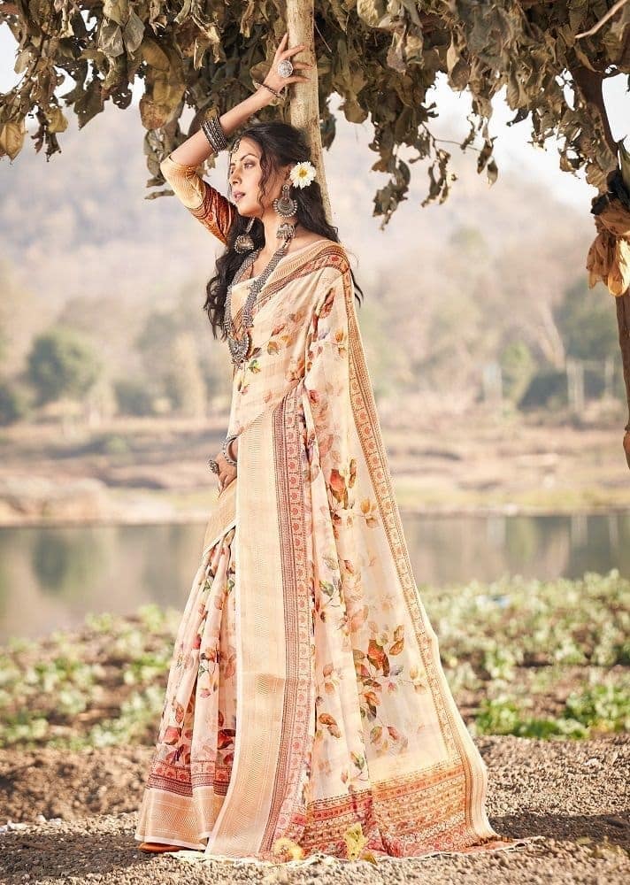 Digital Printed Cotton Saree in Light Yellow
