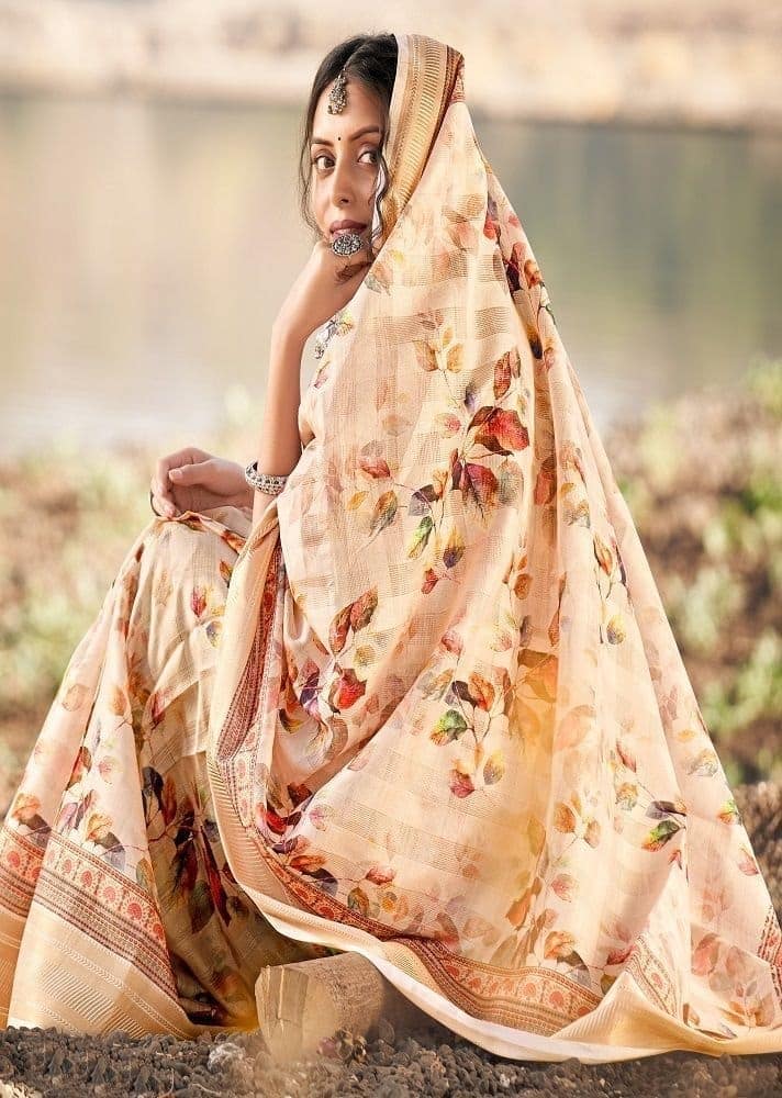 Digital Printed Cotton Saree in Light Yellow view 2