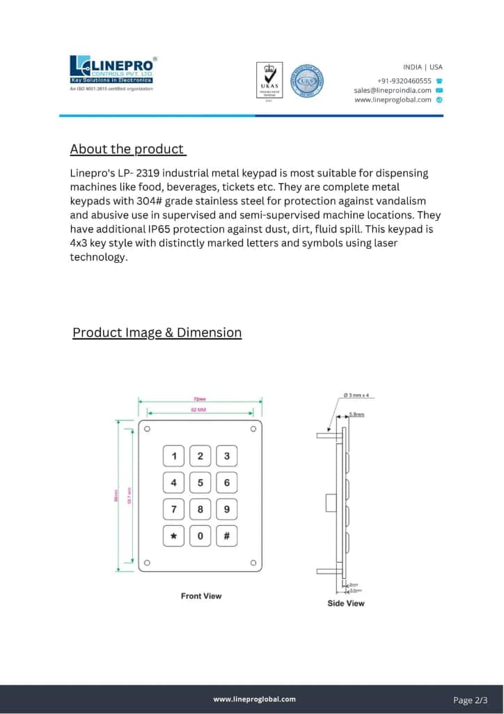 Linepro 4x3 Stainless Steel Industrial Metal Keypad | Model LP 2319 view 7
