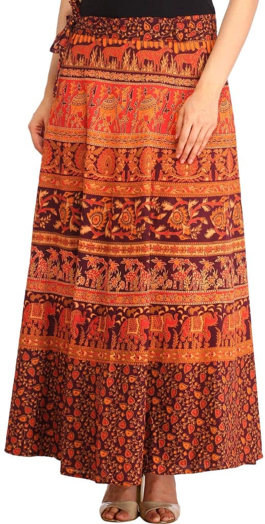 Chocolate-Truffle Sanganeri Wrap-Around Mini-Skirt with Printed Motifs view 2