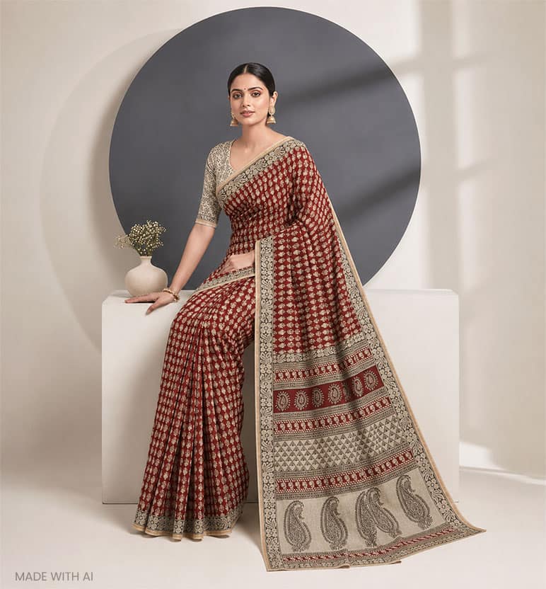 Handcrafted Bagh Print Maheshwari Silk By Cotton Saree view 7