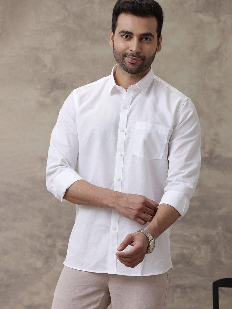 Mens Cotton Linen Full Sleeves White Shirt