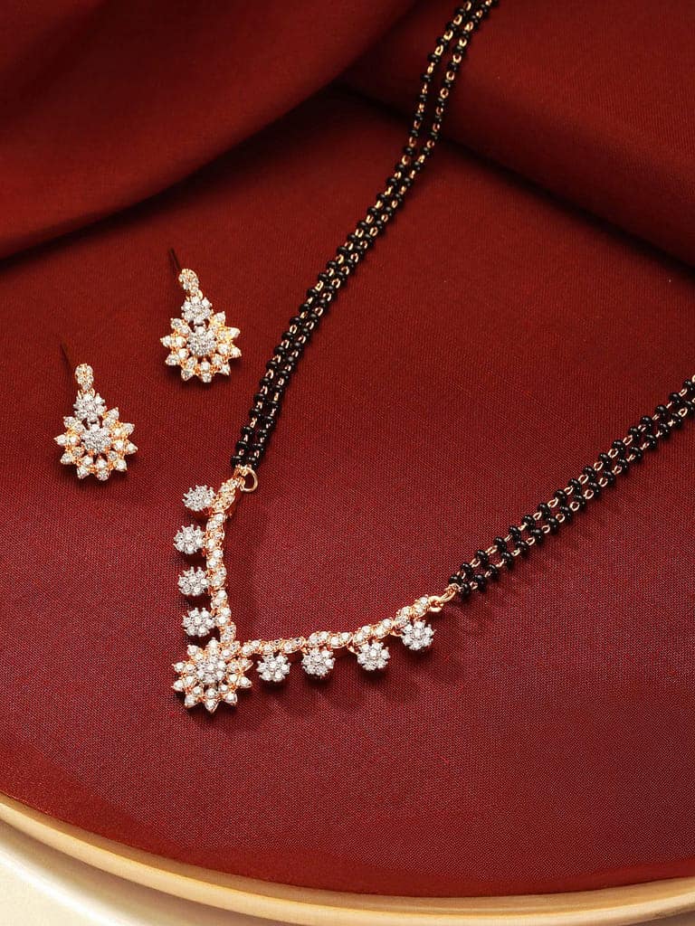 Gold Toned AD Studded Black Beads Studded Designer Floral Mangalsutra Jewellery Set view 3