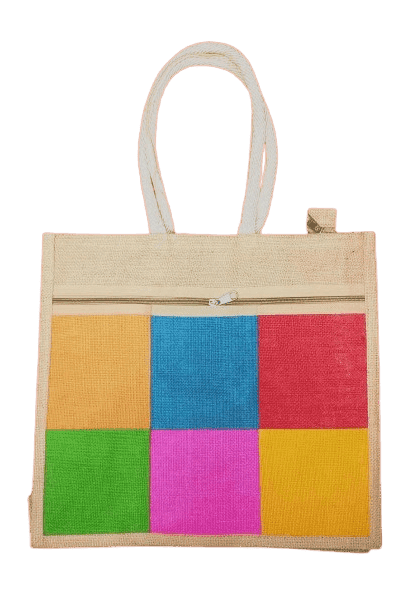 :** Jute Tote Bag with Zipper and Colorful Patchwork Design**