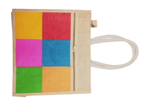 :** Jute Tote Bag with Zipper and Colorful Patchwork Design** view 2