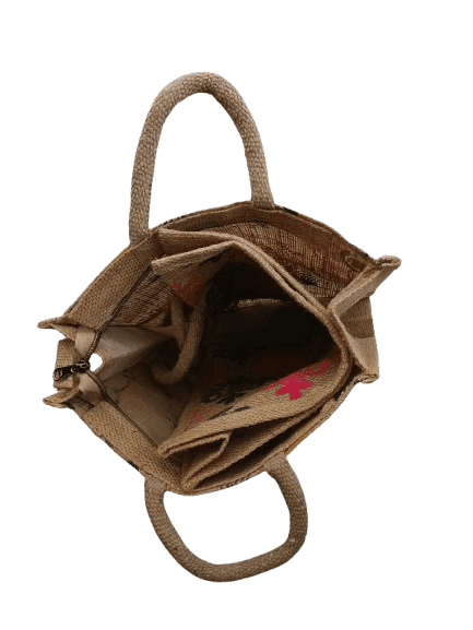 :** Jute Tote Bag with Zipper and Colorful Patchwork Design** view 3